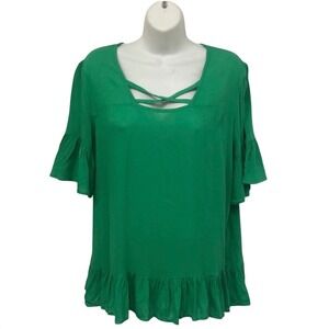 Rethm Green Lattice Neck Ruffle Hem Bell Sleeve Tunic Top Women's L